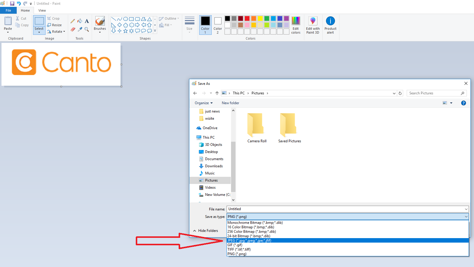 A screenshot of a computer converting a file using Paint.