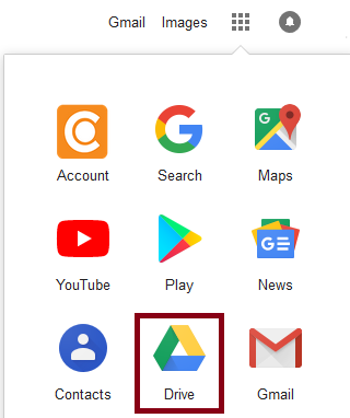 Picture of the Google dropdown menu, with the Drive icon selected.