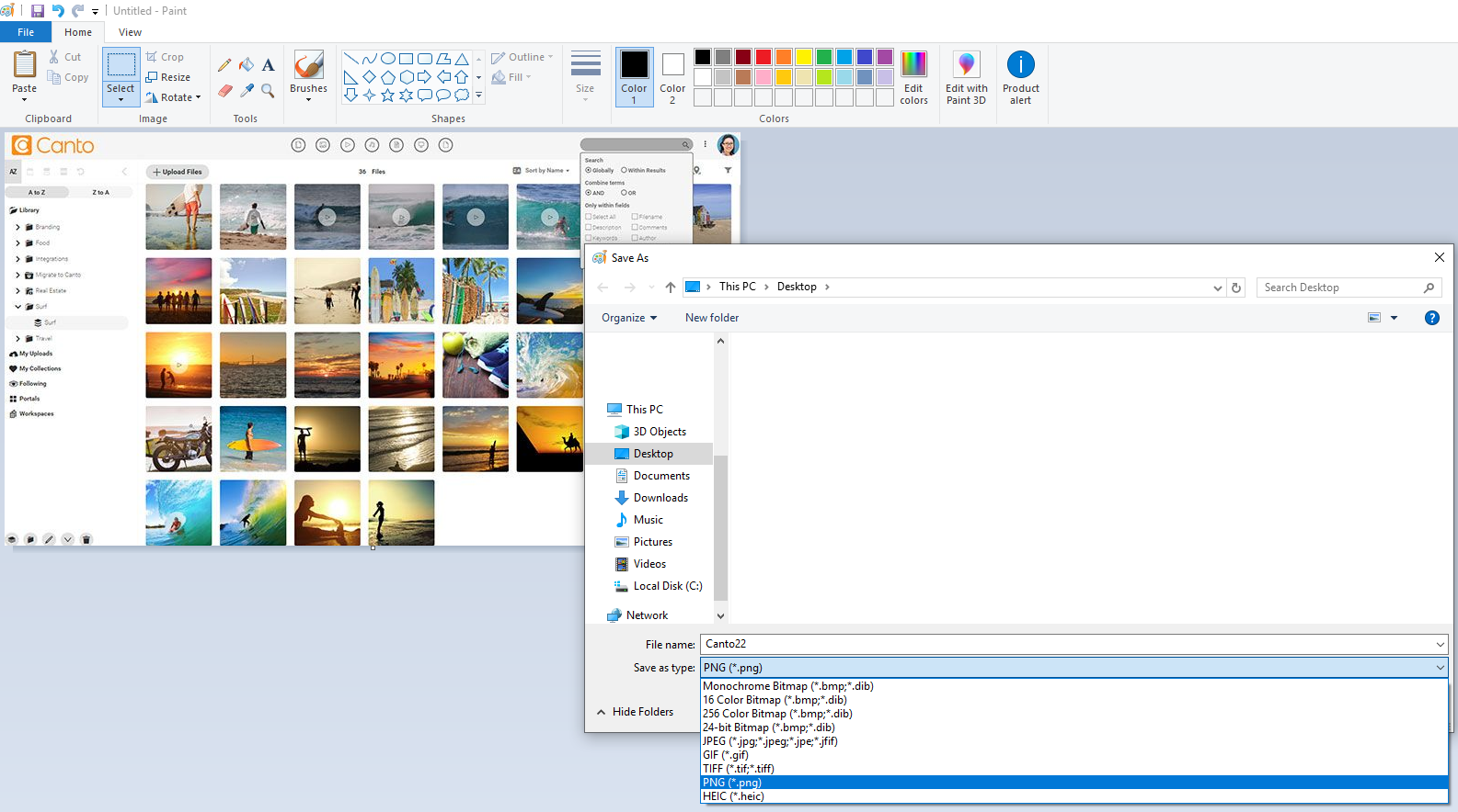 A screenshot of the Paint app making an image conversion.