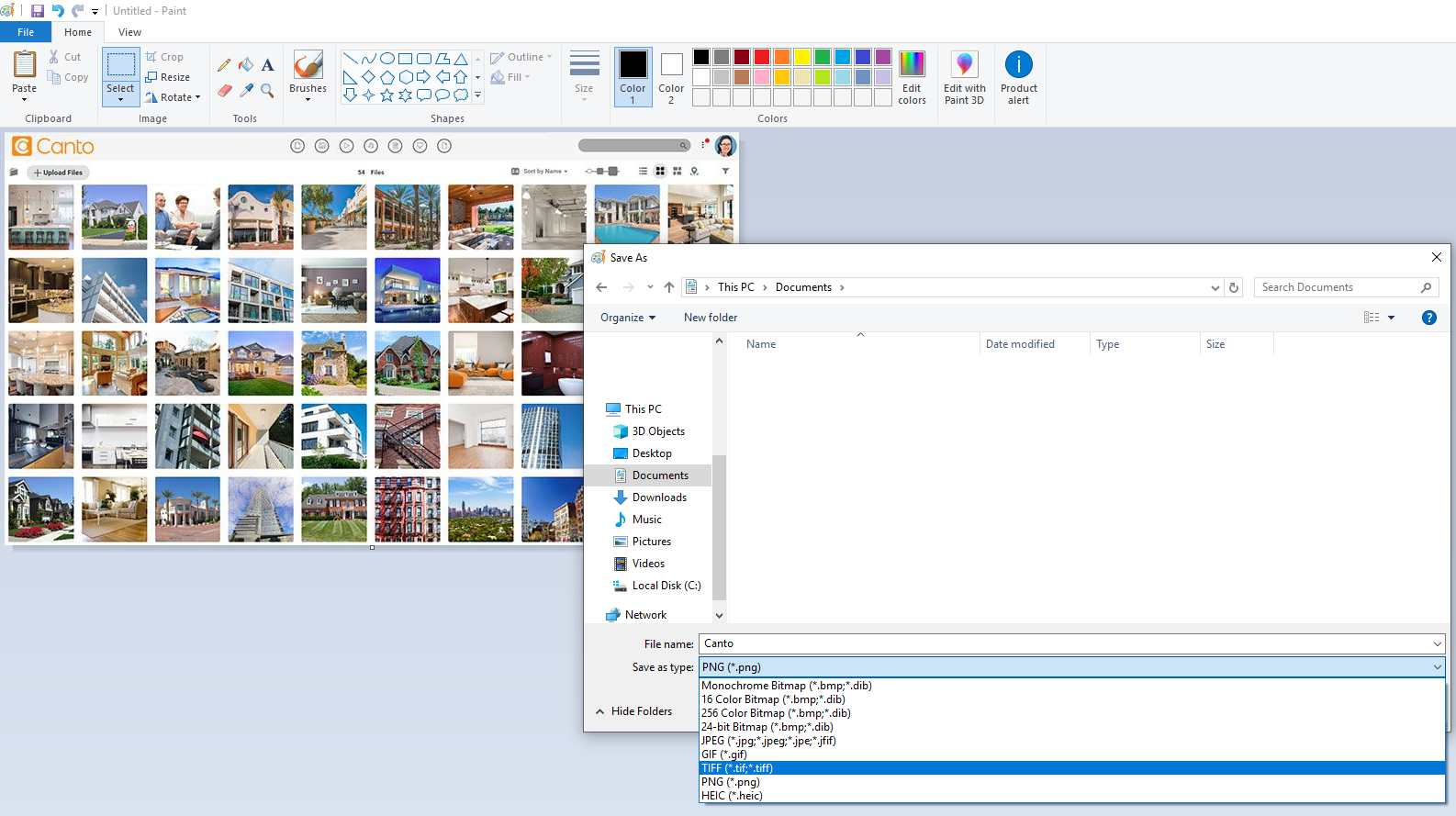 A screenshot of the Paint app converting an image.