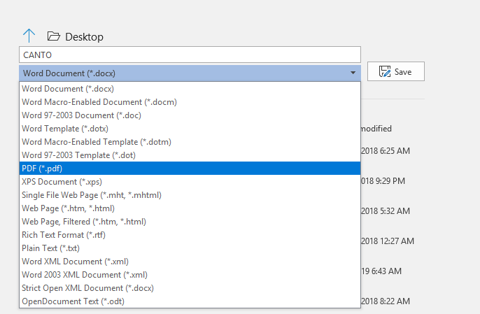 Eine Abbildung einer Datei im Dateityp .doc in einem Office-Programm, die als PDF gespeichert wird.