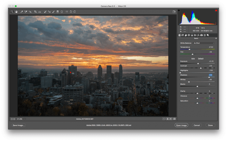 Die Benutzeroberfläche von Adobe Raw, einer Bildverarbeitungssoftware.