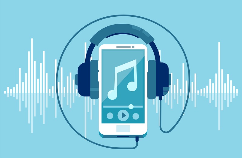 Ein Mobiltelefon, das Kopfhörer trägt, auf dem sich auch Dateien um FLAC-Audioformat abspielen lassen.