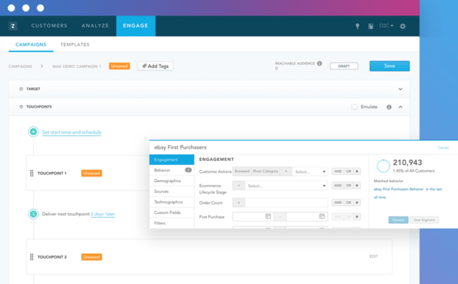 Ein Screenshot der Benutzeroberfläche der E-Commerce-Marketing-Software von Zaius, die zur Marketingtechnologie zählt.