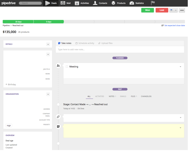 Ein Screenshot der Benutzeroberfläche von Pipedrive.