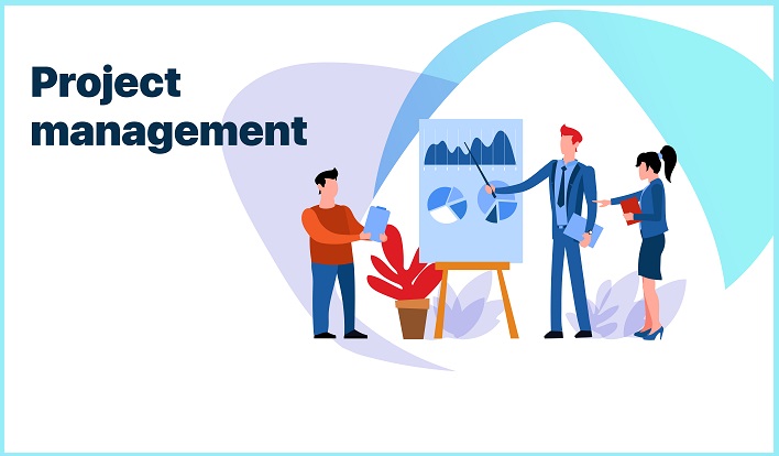 Eine Gruppe von animierten Personen diskutiert über verschiedene Diagramme, die Projektmanagement-Methoden abbilden.