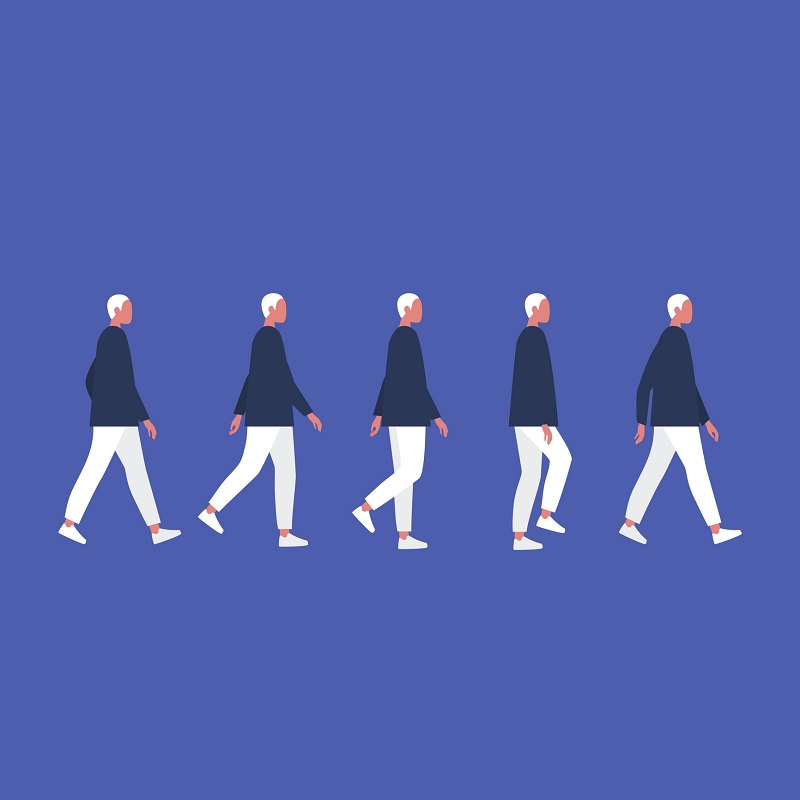 A man walking, replicated by himself five times.