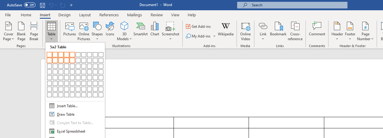 The 'Table' section in Microsoft Word.