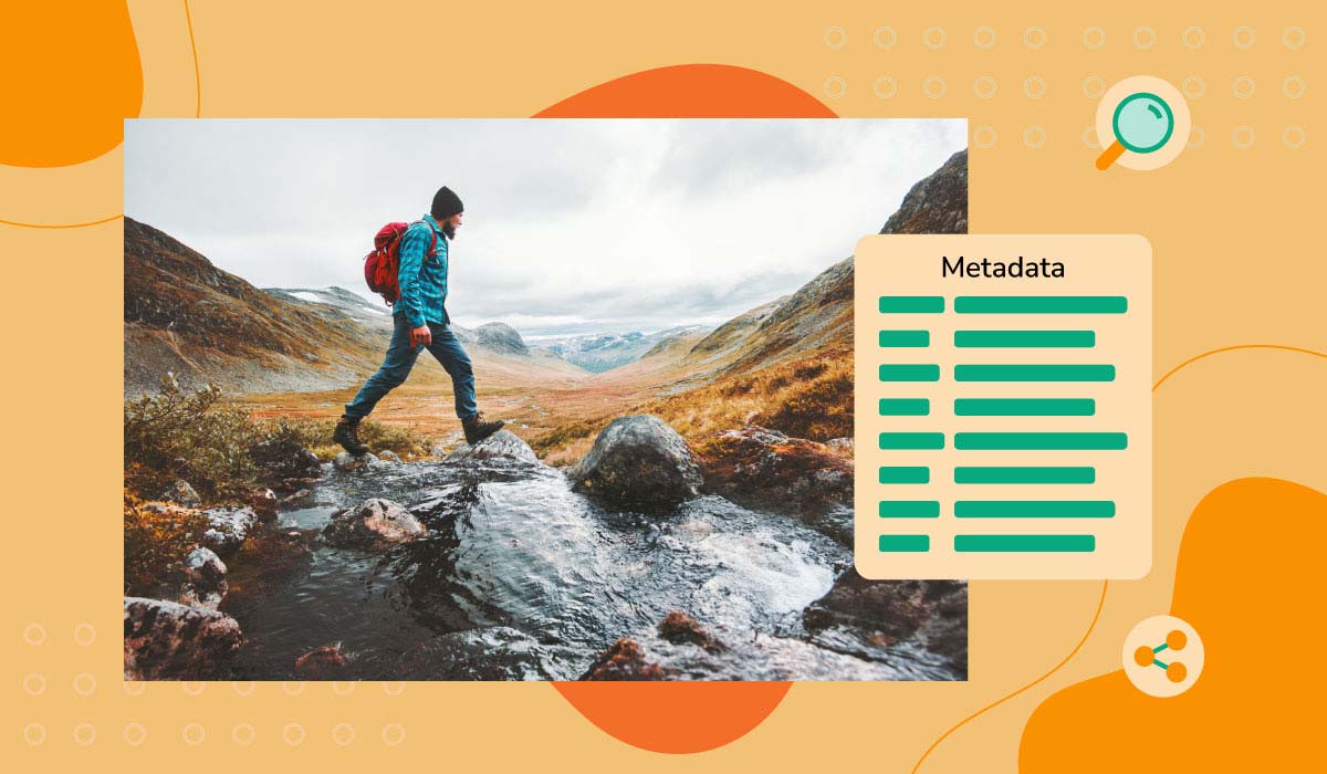 Image of man walking in the wilderness with metadata over an orange background.