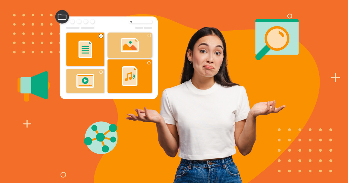 A marketing graphic showing a woman shrugging in confusion in front of an interface with different file types, surrounded by icons like a megaphone, magnifying glass, and network nodes. Represents the challenge of organizing digital assets and learning how to choose a DAM system.
