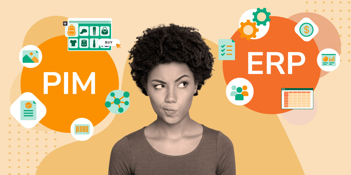 Eine Frau mit nachdenklichem Gesicht vergleicht PIM vs.ERP, umgeben von Symbolen, die Eigenschaften beider Systeme darstellen.