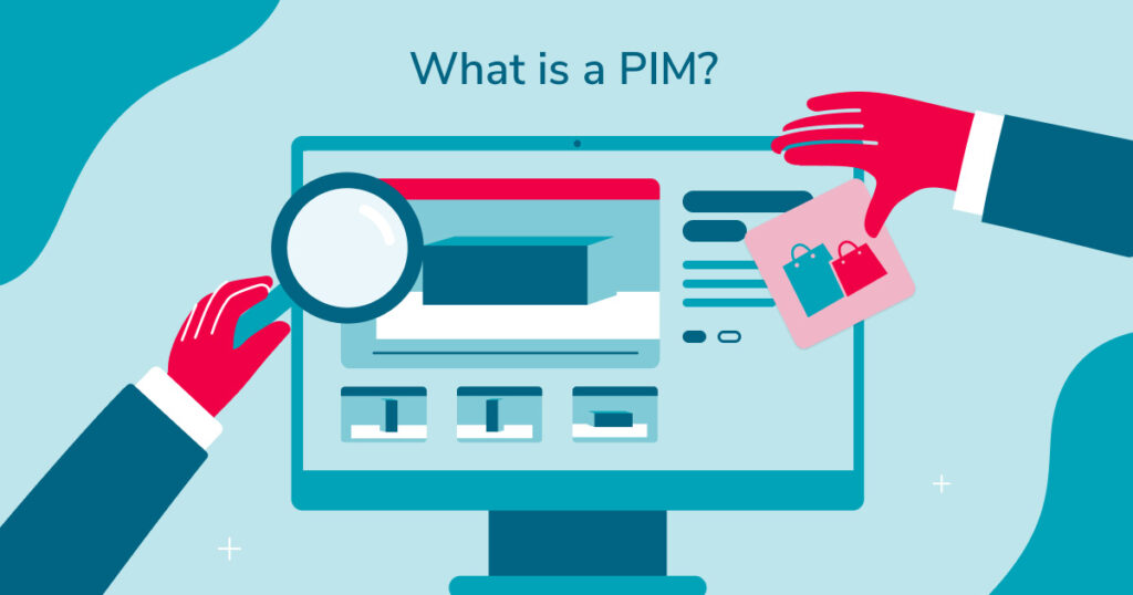 Ein Computerbildschirm und zwei Hände, die die Informationssuche in PIM und DAM Systemen symbolisieren.