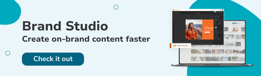 Image of Canto Brand Studio creating a new brand template over a Canto library with text "Brand Studio: Create on-brand content faster" and button "Check it out" over a blue background.
