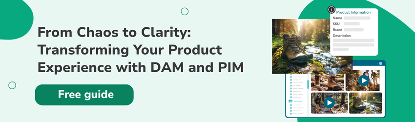 Image of shoes being sold online with Canto PIM interface and text "From Chaos to Clarity: Transforming Your Product Experience with DAM and PIM" and button "Free guide" over a green background.