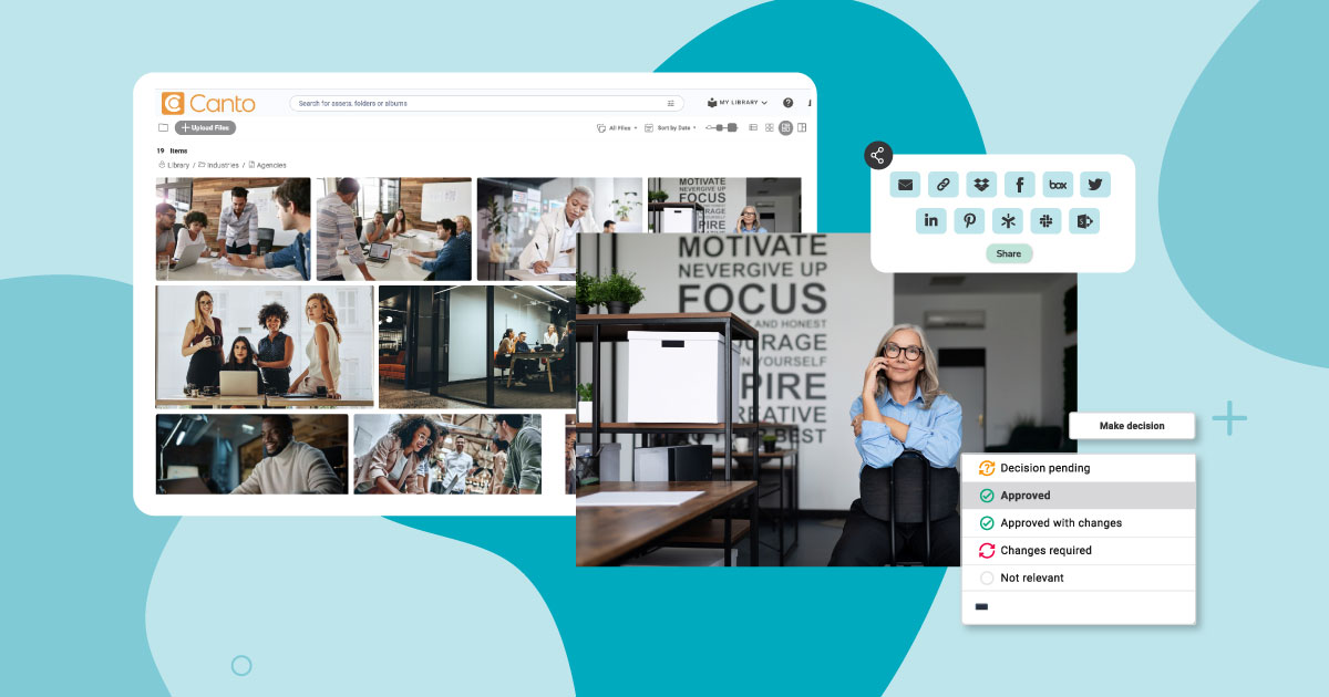 Canto digital asset management platform displaying agency photo library, collaboration tools, and approval workflows, highlighting the best DAM software solutions for creative agencies to streamline content sharing and protect brand assets.