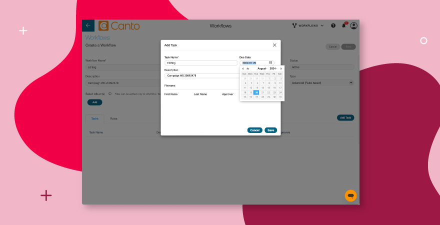 Screenshot einer Aufgabe, die einem Digital Asset Management-Workflow in Canto hinzugefügt wird.